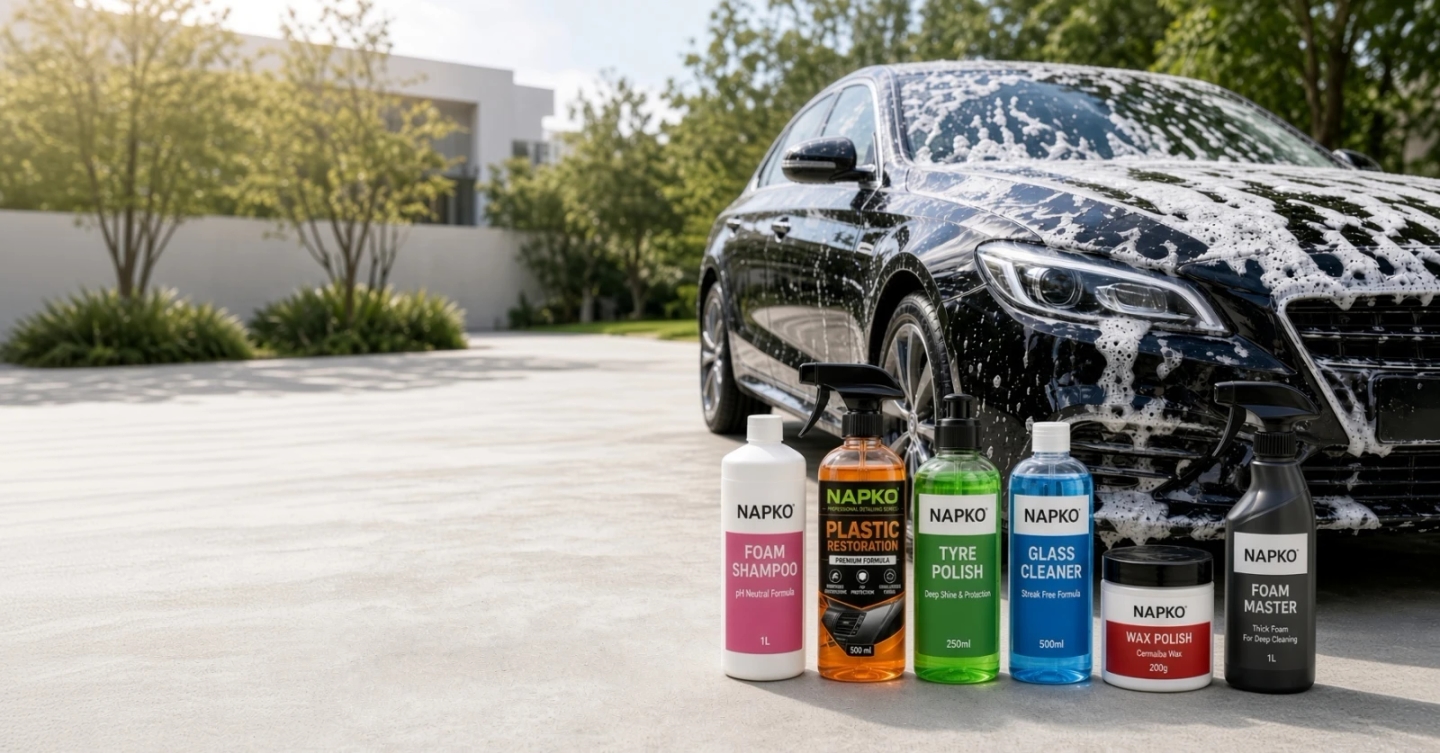 NAPKO Car Care Kit with Foam Shampoo, Plastic Restoration, Tyre Polish and Glass Cleaner in front of a black car covered in rich white foam