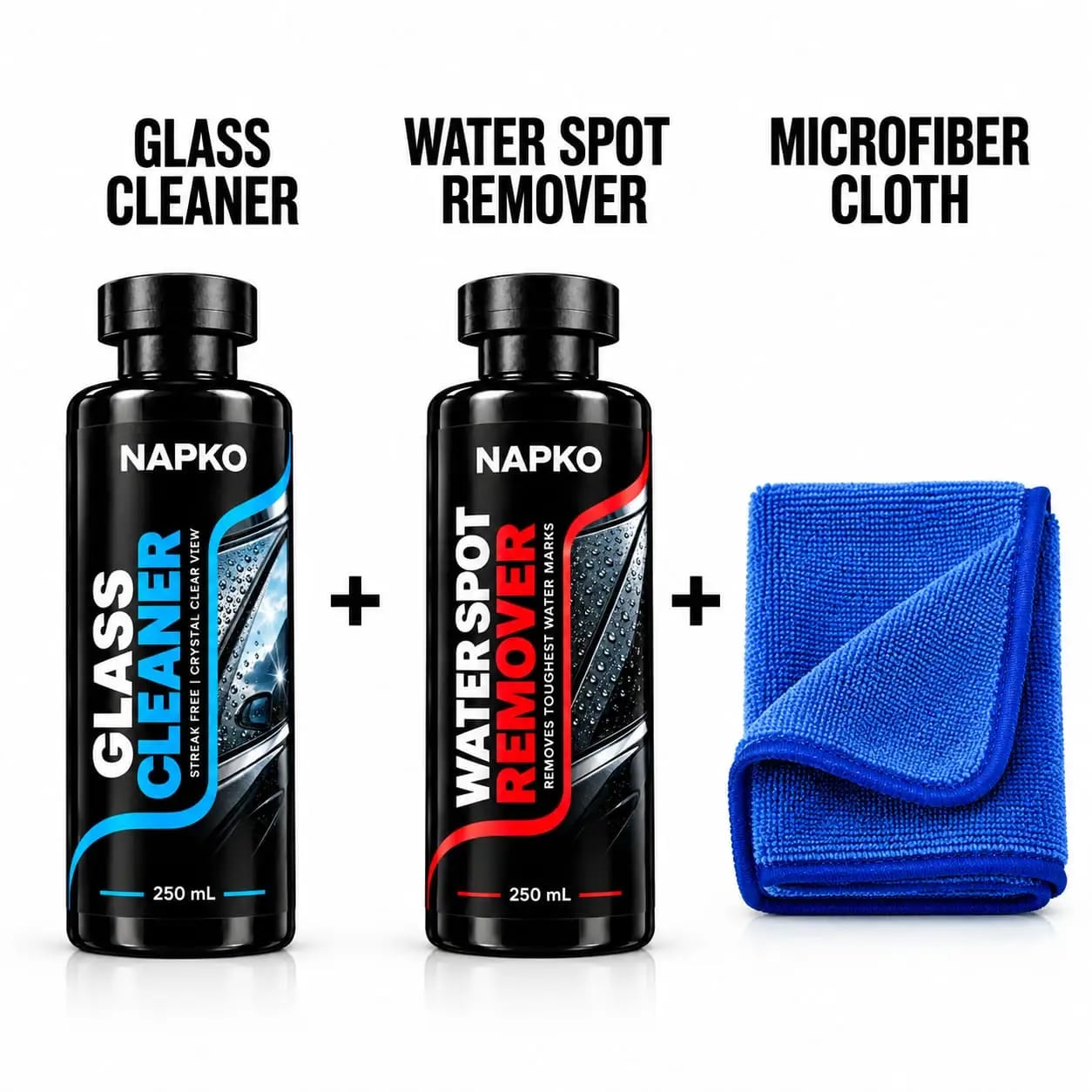 NAPKO Car Glass Care Kit - Glass Cleaner, Water Spot Remover & 380 GSM Cloth