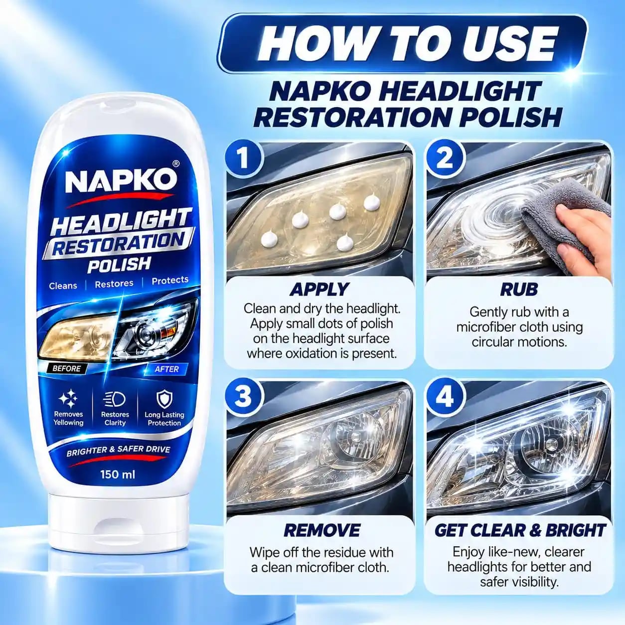 NAPKO Headlight Restoration Kit - 150g Polish with 380 GSM Microfiber Cloth - image 2
