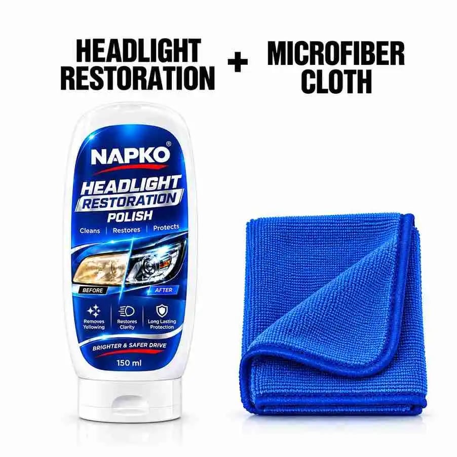 NAPKO Headlight Restoration Kit - 150g Polish with 380 GSM Microfiber Cloth
